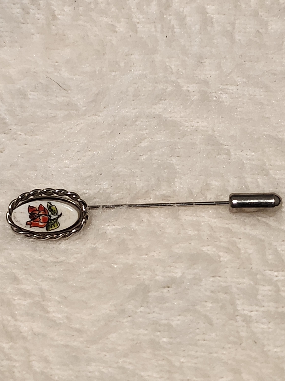 Silver Tone Floral Enamel Stick Pin Brooch - Red & Green